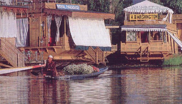 Houseboats line Dal lake's banks.